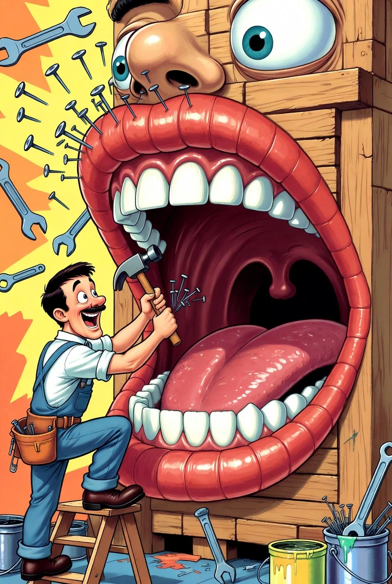 A cartoon workman on a ladder building a giant mouth — speaking is something you construct