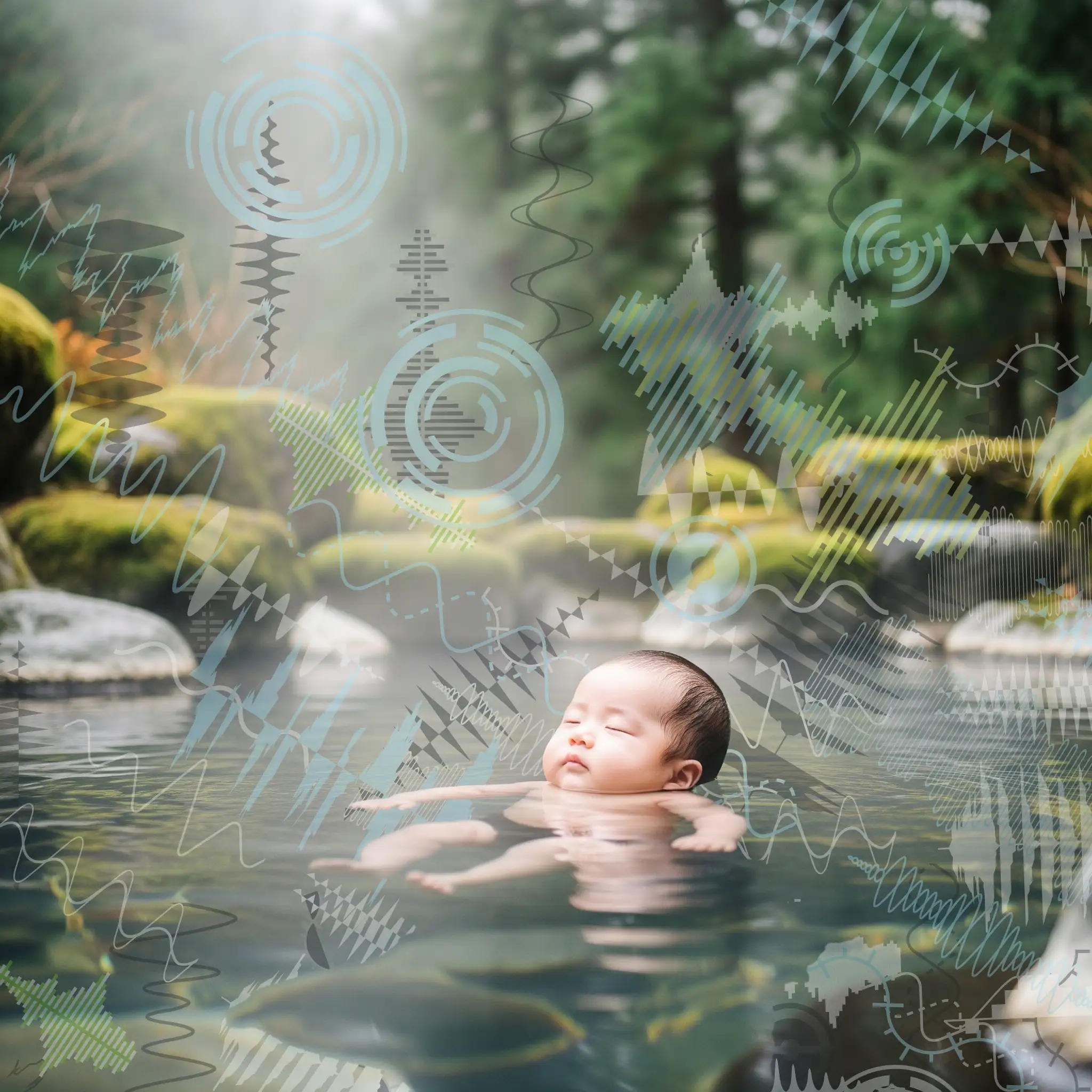 A baby floating calmly in a forest hot spring with sound waves washing over it — brainsoaking immersion